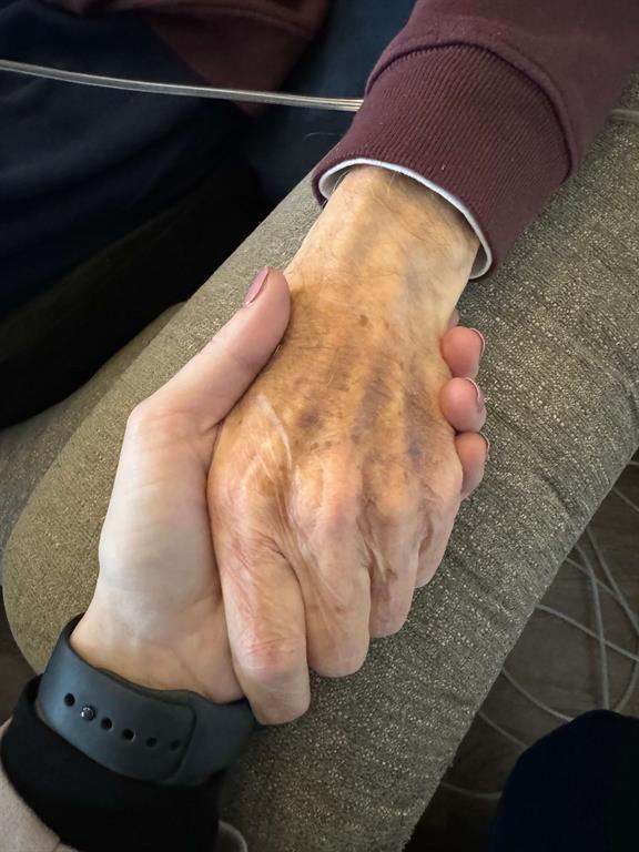 Elderly person's hand being held by family member
